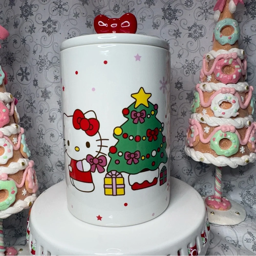 Sanrio Christmas Hello Kitty Wreath Snowflake Canister Cookie Jar w/Bow Topper - Picture 3 of 12